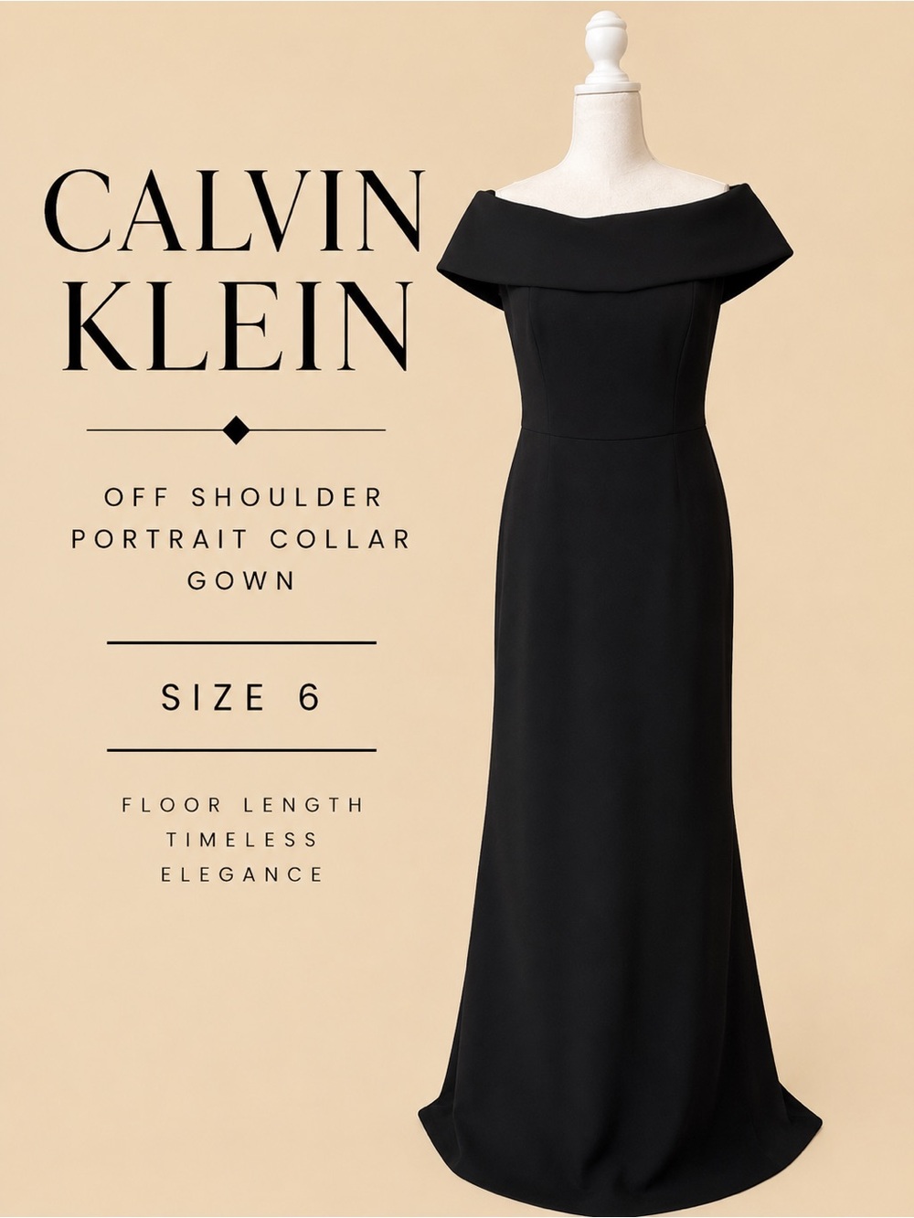 Calvin Klein Black Off Shoulder Portrait Collar Formal Gown Size 6